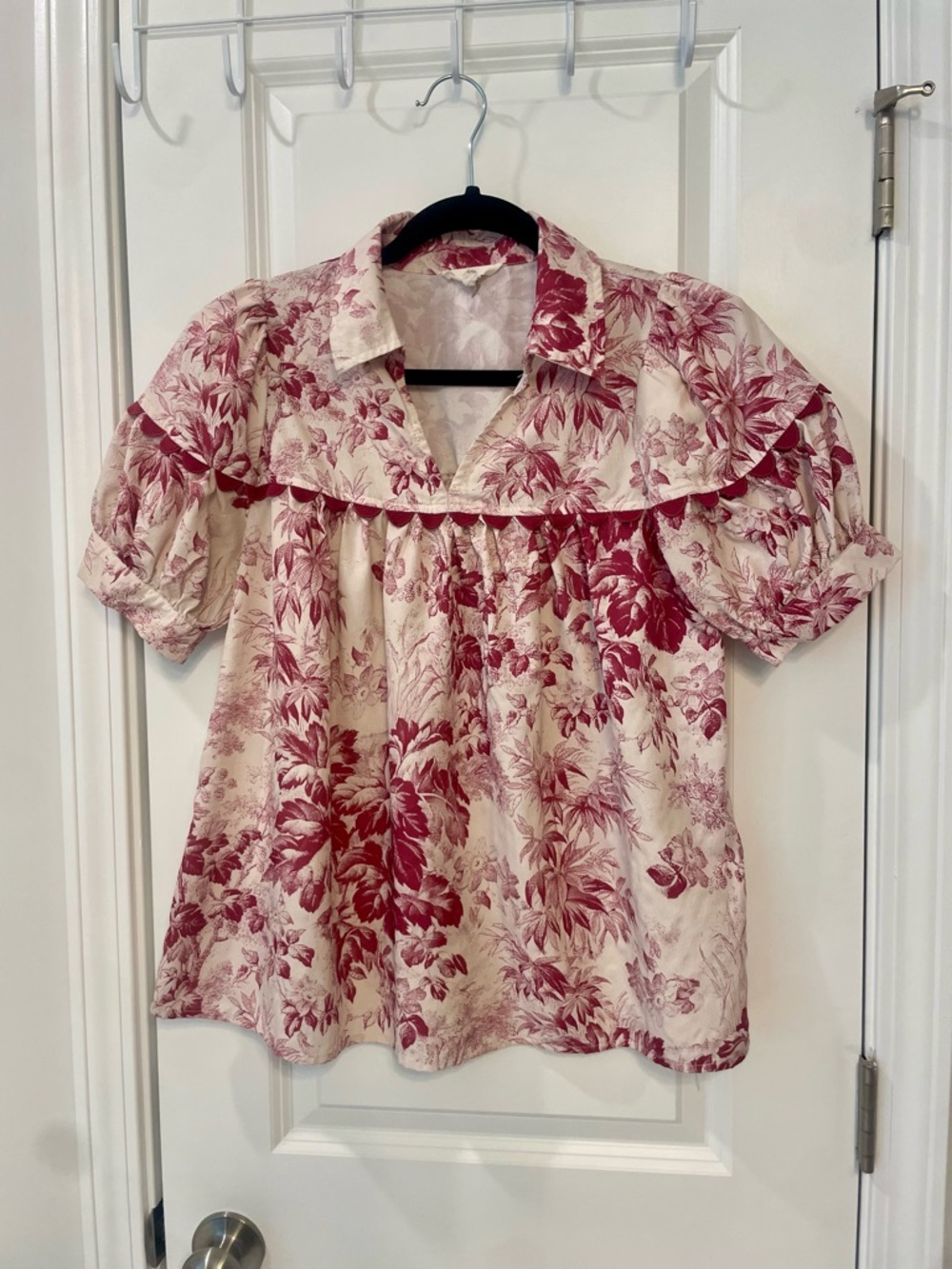 entro Cream Blouse with Burgundy Floral Print